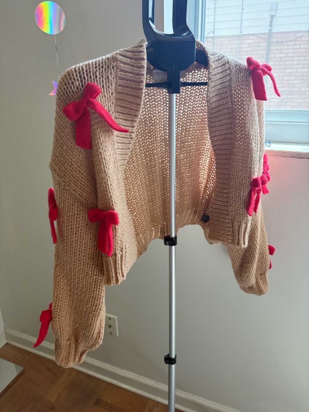 Anthropologie Maeve Tan Beige Knit Red Bow-Accent Cropped Cardigan Sweater